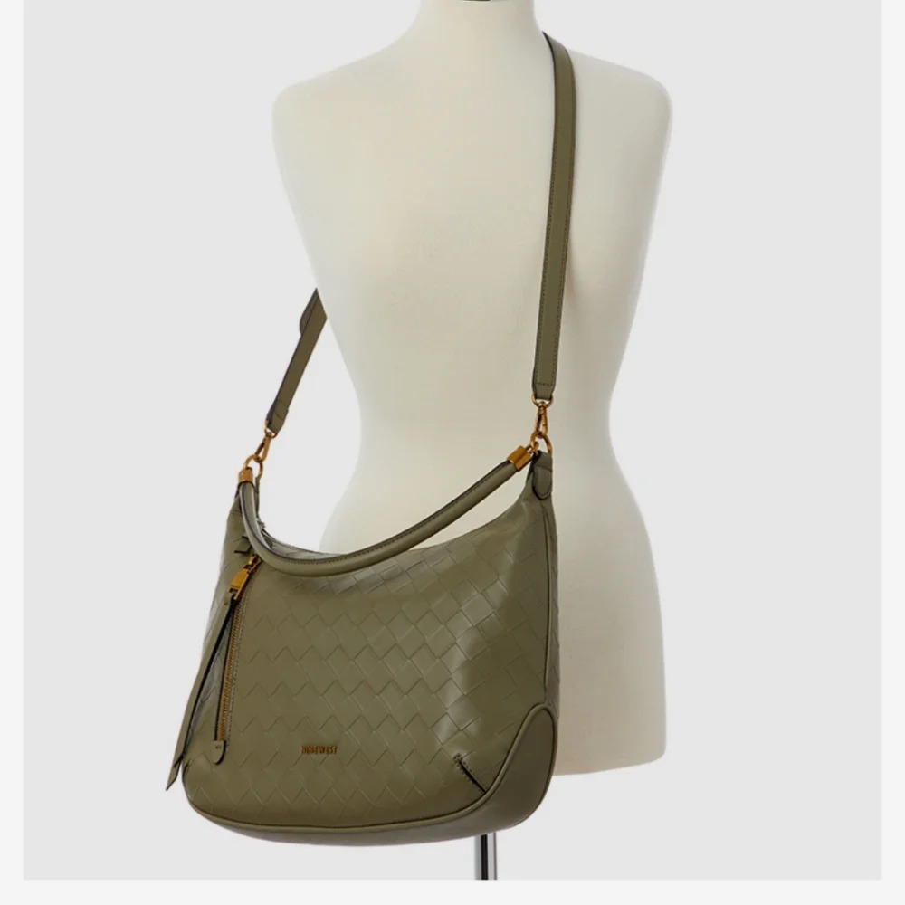 Nine West Calla Sage Green Woven Print Vegan Leather Hobo Crossbody Bag